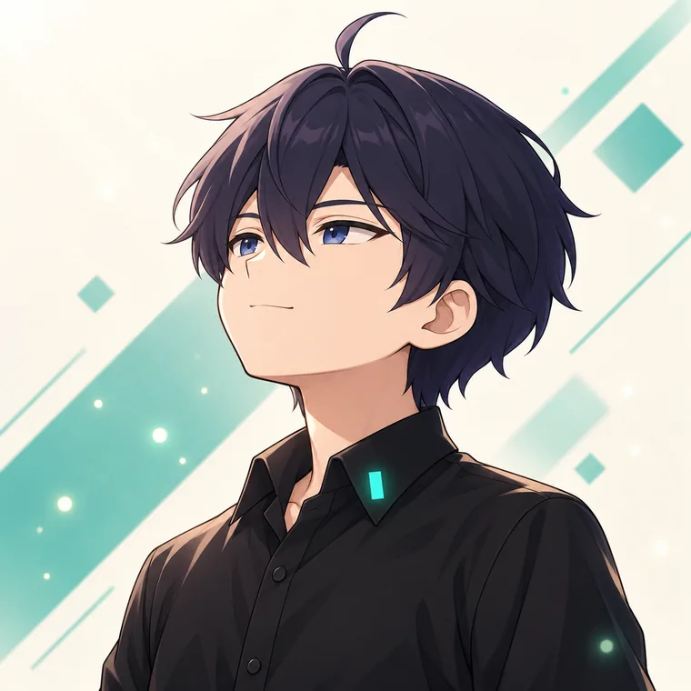 XTian 2D 日漫标准像：黑衬衫少年仰头看向远处，背景是青绿色几何光块