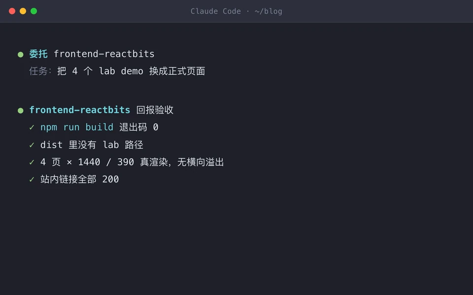 终端卡片：委托 frontend-reactbits 把 4 个 lab demo 换成正式页面，回报四项验收全部通过