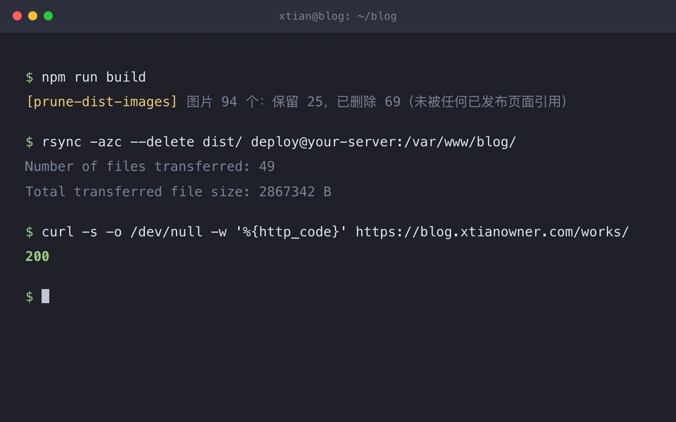 终端卡片：今天的部署过程——npm run build、rsync 同步到服务器、curl 确认作品页返回 200